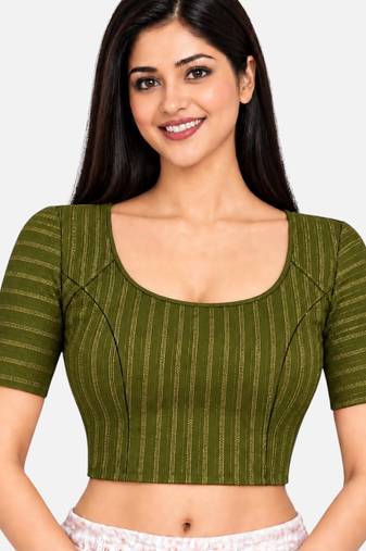 Mehndi green cotton spandex golden zari straight line stretchable readymade saree blouse