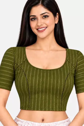 Mehndi green cotton spandex golden zari straight line stretchable readymade saree blouse