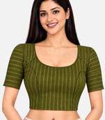 Mehndi green cotton spandex golden zari straight line stretchable readymade saree blouse