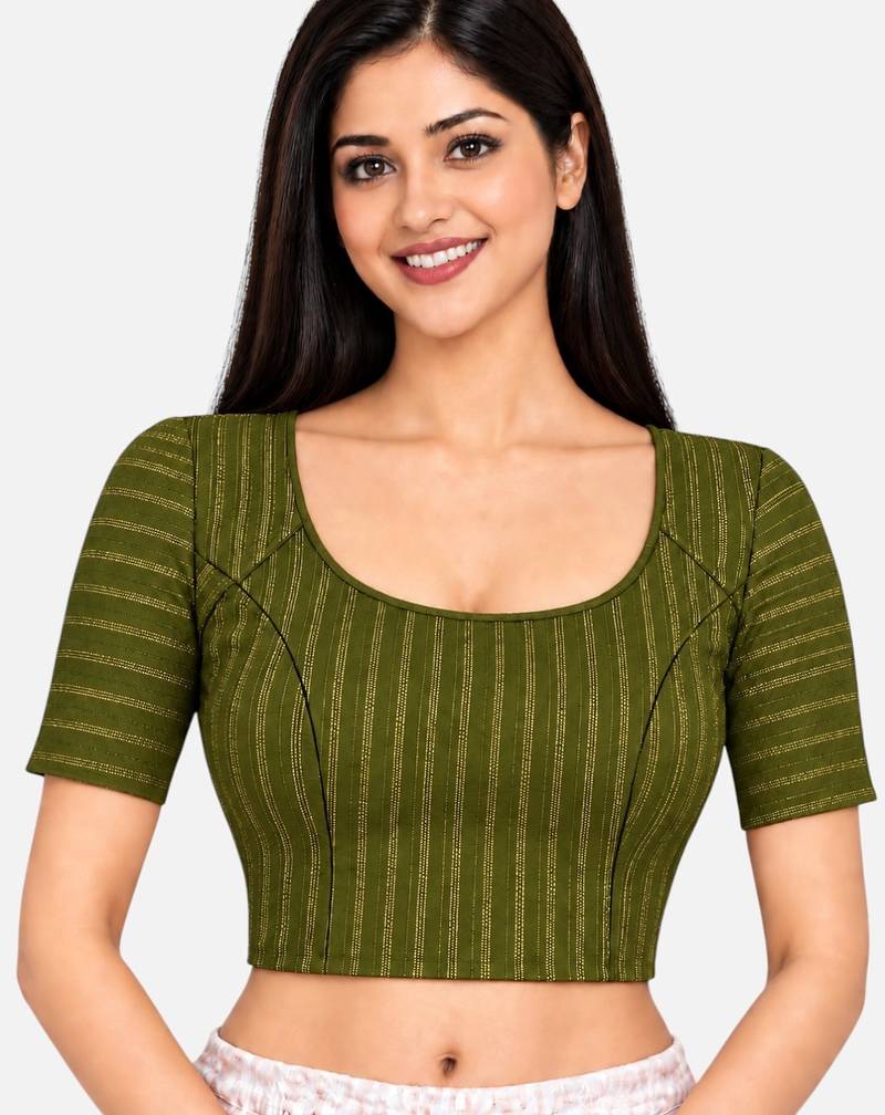 Mehndi green cotton spandex golden zari straight line stretchable readymade saree blouse