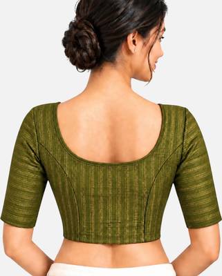 Mehndi green cotton spandex golden zari straight line stretchable readymade saree blouse 2