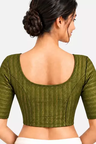 Mehndi green cotton spandex golden zari straight line stretchable readymade saree blouse