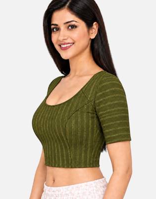 Mehndi green cotton spandex golden zari straight line stretchable readymade saree blouse 3