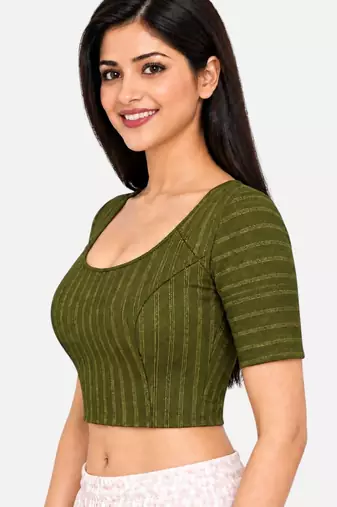 Mehndi green cotton spandex golden zari straight line stretchable readymade saree blouse