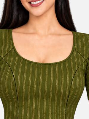 Mehndi green cotton spandex golden zari straight line stretchable readymade saree blouse 4