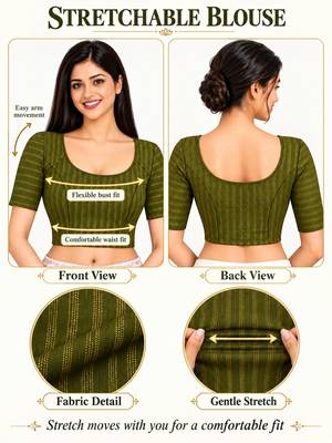 Mehndi green cotton spandex golden zari straight line stretchable readymade saree blouse 5