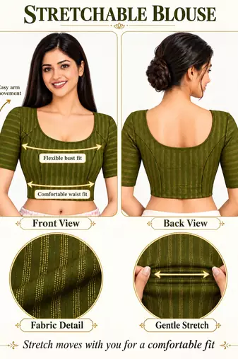 Mehndi green cotton spandex golden zari straight line stretchable readymade saree blouse