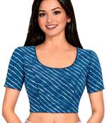 Teal blue cotton spandex leheriya printed stretchable readymade saree blouse
