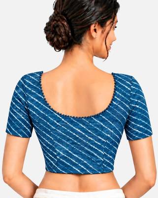 Teal blue cotton spandex leheriya printed stretchable readymade saree blouse 2