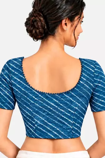 Teal blue cotton spandex leheriya printed stretchable readymade saree blouse