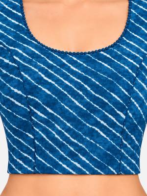 Teal blue cotton spandex leheriya printed stretchable readymade saree blouse 4