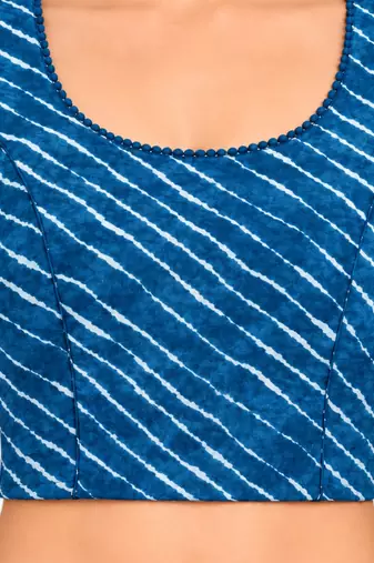 Teal blue cotton spandex leheriya printed stretchable readymade saree blouse