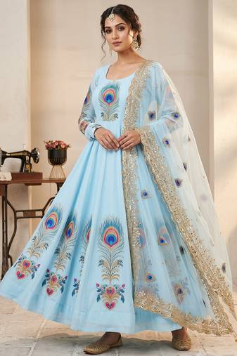 Sky blue designer peacock print anarkali gown with pant & dupatta set