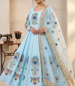 Sky blue designer peacock print anarkali gown with pant & dupatta set