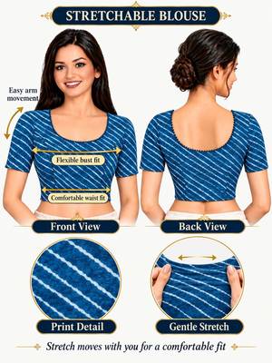 Teal blue cotton spandex leheriya printed stretchable readymade saree blouse 5