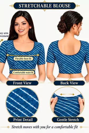 Teal blue cotton spandex leheriya printed stretchable readymade saree blouse