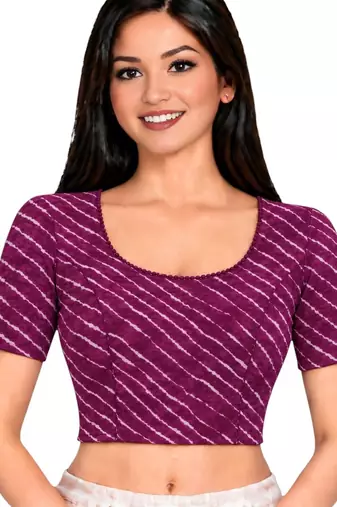 Purple cotton spandex leheriya printed stretchable readymade saree blouse