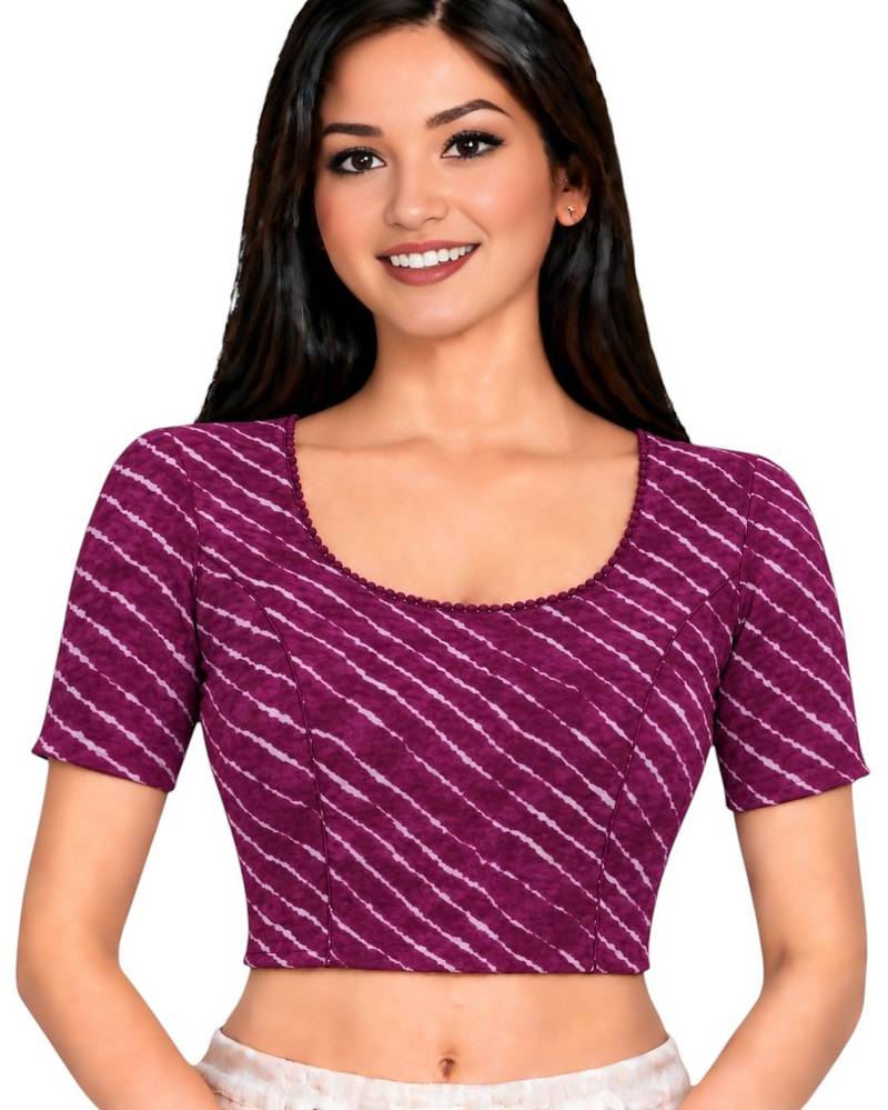 Purple cotton spandex leheriya printed stretchable readymade saree blouse