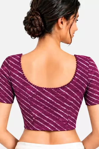 Purple cotton spandex leheriya printed stretchable readymade saree blouse
