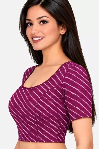 Purple cotton spandex leheriya printed stretchable readymade saree blouse