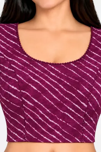 Purple cotton spandex leheriya printed stretchable readymade saree blouse