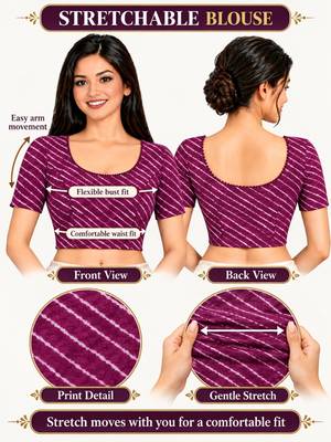 Purple cotton spandex leheriya printed stretchable readymade saree blouse 5
