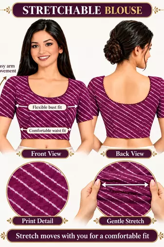 Purple cotton spandex leheriya printed stretchable readymade saree blouse