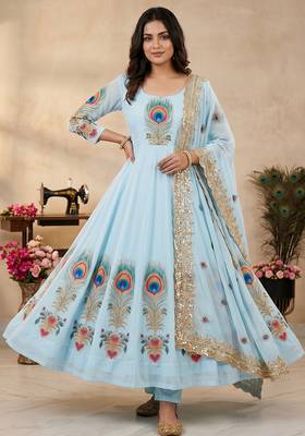 Sky blue designer peacock print anarkali gown with pant & dupatta set 2