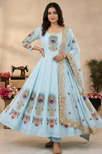Sky blue designer peacock print anarkali gown with pant & dupatta set