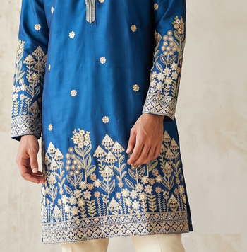 Royal blue colour silk kurta with cream cotton pajama 2