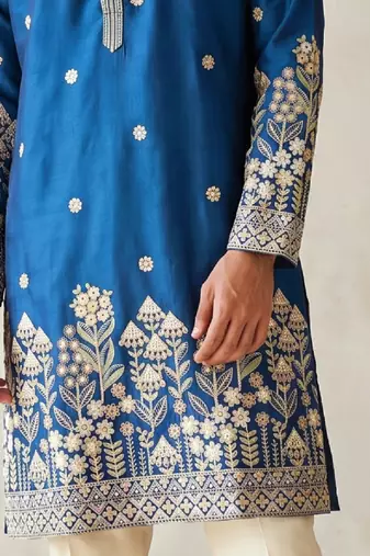 Royal blue colour silk kurta with cream cotton pajama