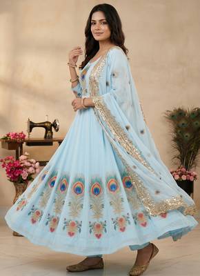 Sky blue designer peacock print anarkali gown with pant & dupatta set 3