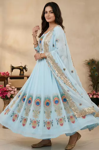 Sky blue designer peacock print anarkali gown with pant & dupatta set