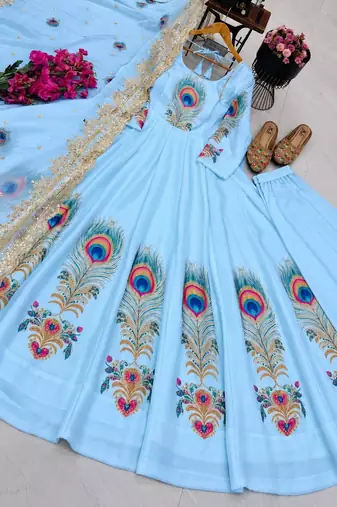 Sky blue designer peacock print anarkali gown with pant & dupatta set