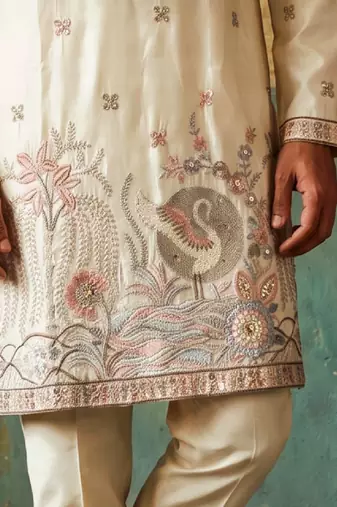 Cream colour silk kurta with cream cotton pajama