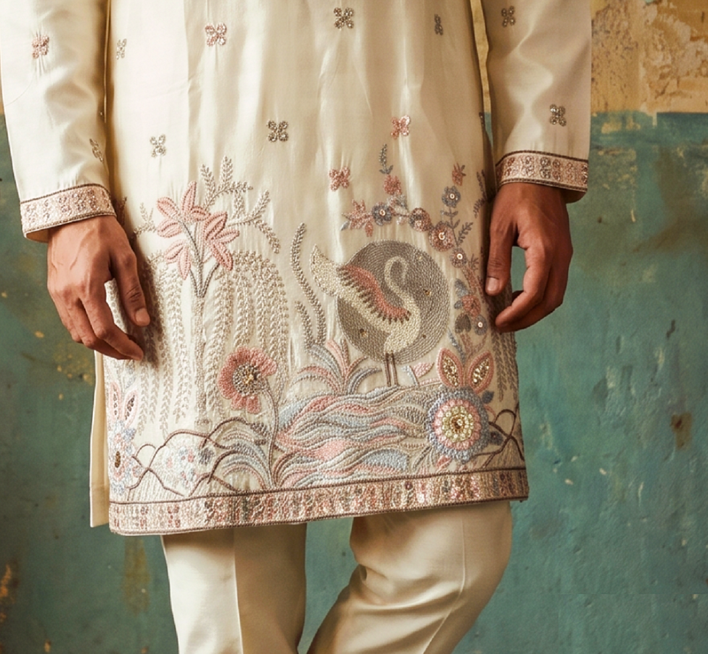 Cream colour silk kurta with cream cotton pajama
