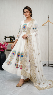 White designer peacock print anarkali gown with pant & dupatta set 1