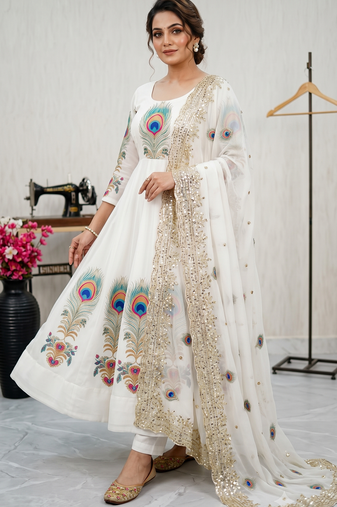 White designer peacock print anarkali gown with pant & dupatta set