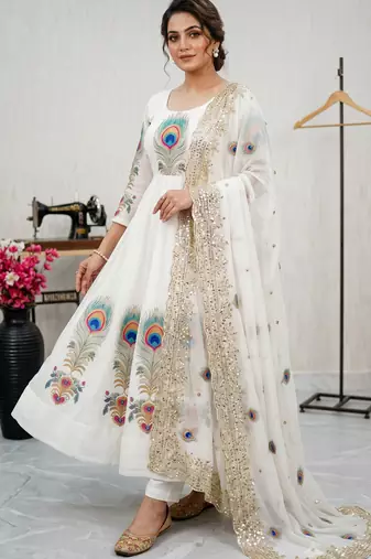 White designer peacock print anarkali gown with pant & dupatta set