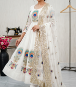 White designer peacock print anarkali gown with pant & dupatta set