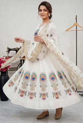 White designer peacock print anarkali gown with pant & dupatta set 2