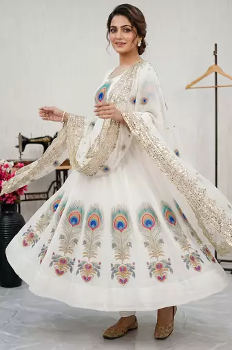 White designer peacock print anarkali gown with pant & dupatta set