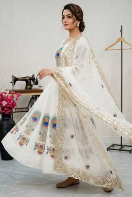 White designer peacock print anarkali gown with pant & dupatta set 3