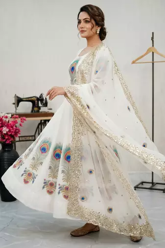 White designer peacock print anarkali gown with pant & dupatta set