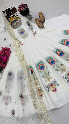 White designer peacock print anarkali gown with pant & dupatta set 4
