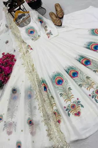 White designer peacock print anarkali gown with pant & dupatta set