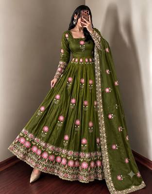 Women olive green embroidered anarkali kurta with pant & dupatta set 1