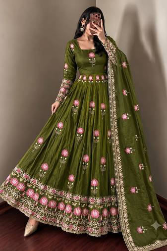 Women olive green embroidered anarkali kurta with pant & dupatta set