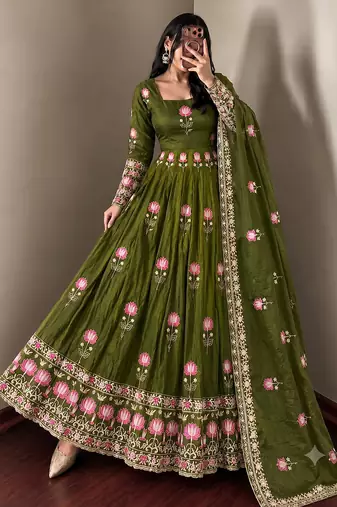 Women olive green embroidered anarkali kurta with pant & dupatta set