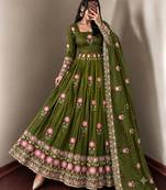 Women olive green embroidered anarkali kurta with pant & dupatta set